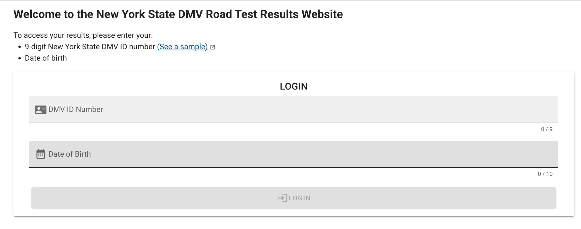 Screenshot of the official NYS DMV Road Test Results login page at roadtestresults.nyrtsscheduler.com showing the DMV ID Number and Date of Birth fields